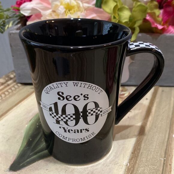 See’s Candies 100 Years Black Centennial Mug Checkered Handle New in Box NIB - Picture 1 of 16